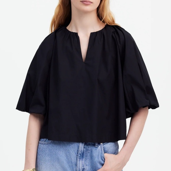 Madewell Bubble-Sleeve‎ Top in Poplin Womens Size 14 Black - Picture 2 of 9